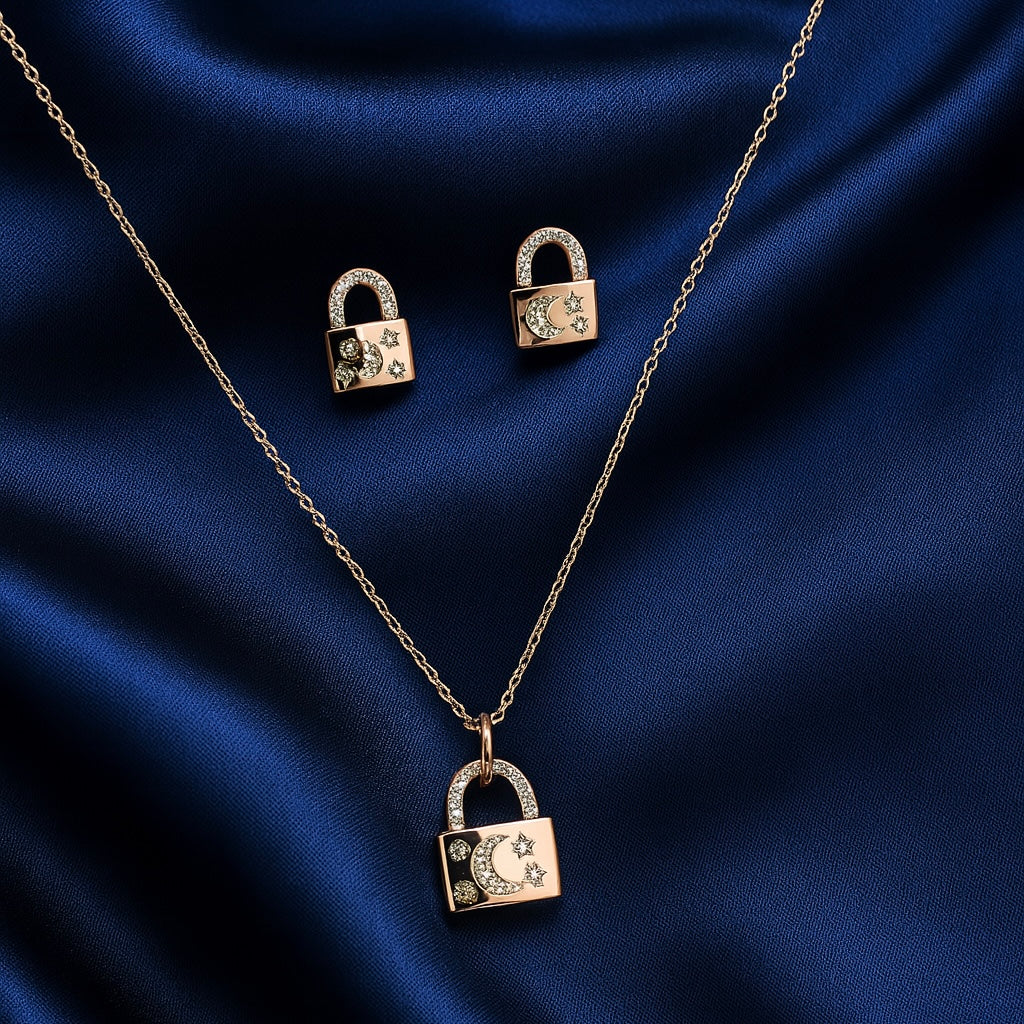 925 Sterling Silver Rose Gold Plated Lock Pendant Set