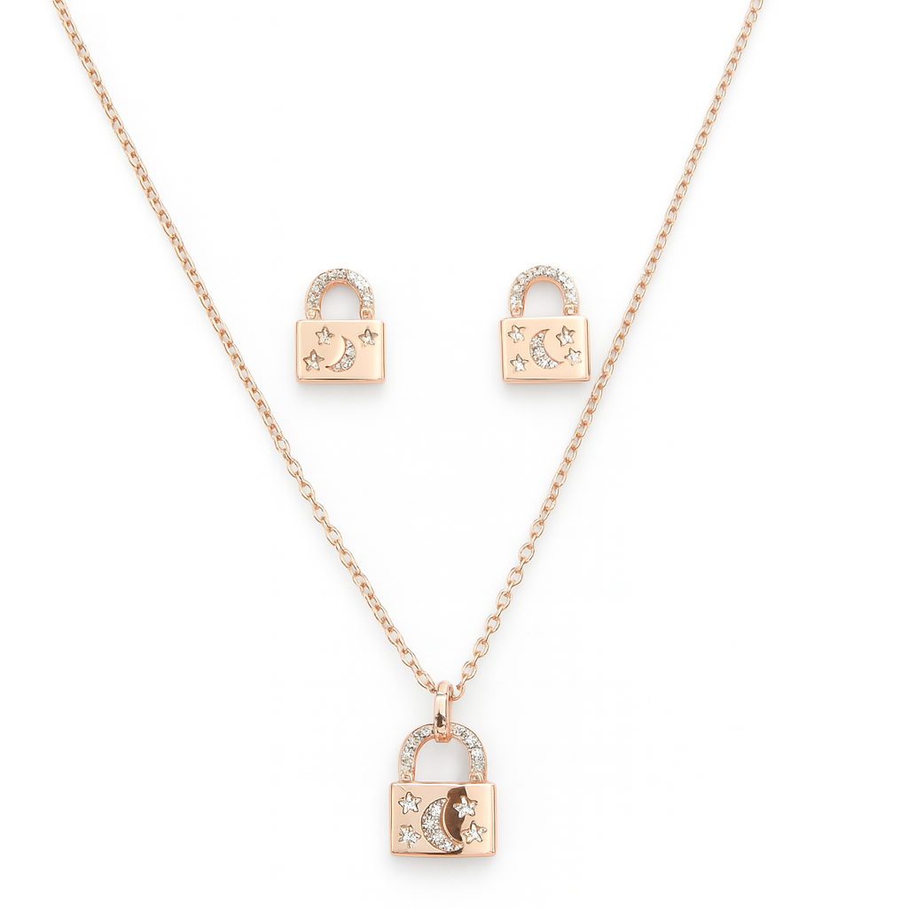 925 Sterling Silver Rose Gold Plated Lock Pendant Set