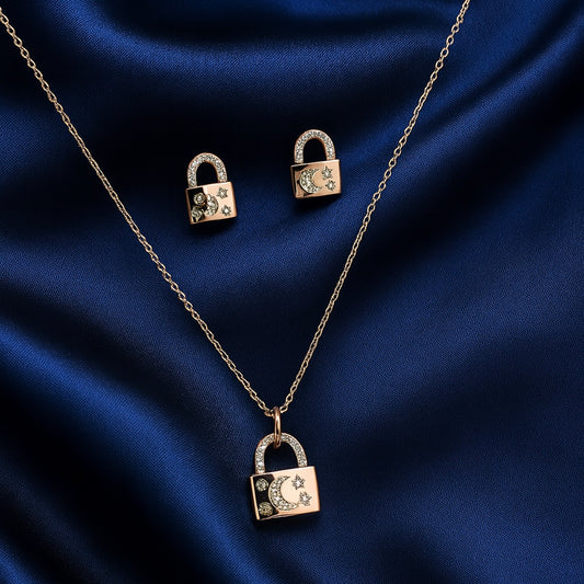925 Sterling Silver Rose Gold Plated Lock Pendant Set