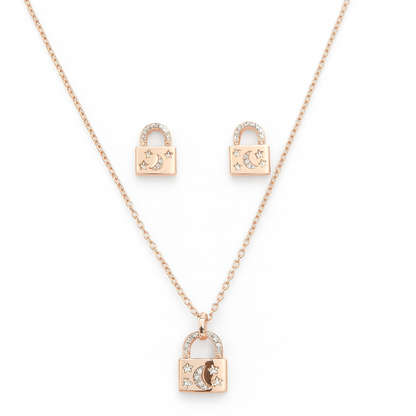 925 Sterling Silver Rose Gold Plated Lock Pendant Set
